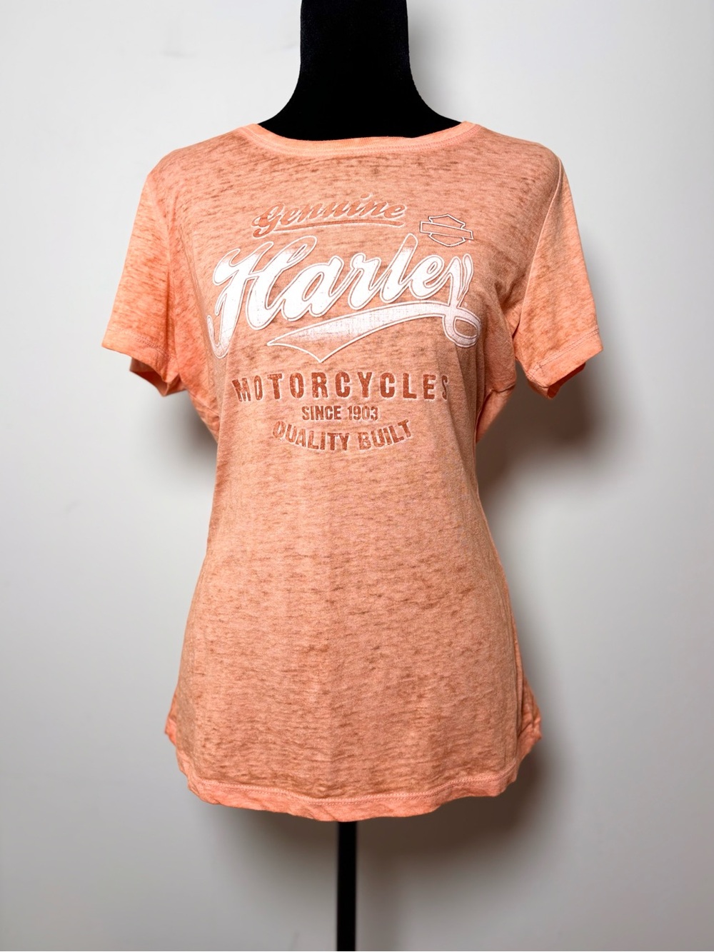 Vtg Y2K Harley Davidson Orange Semi Sheer Burnout Tee